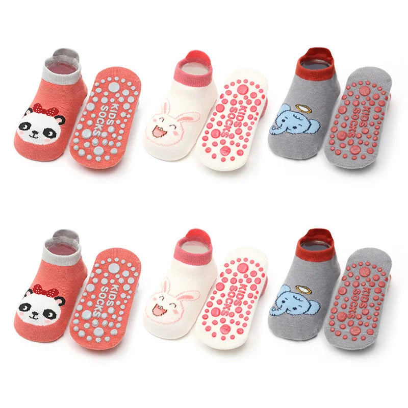6 Pairs Kids Cotton Socks – Cute Cartoon Animal Pattern Non-Slip Baby Socks for Comfortable Everyday Wear