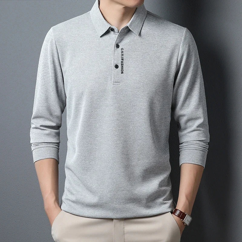 Men's Waffle Knit Long Sleeve Polo Shirt – Letter Print Casual Button-Up Top for Everyday Style