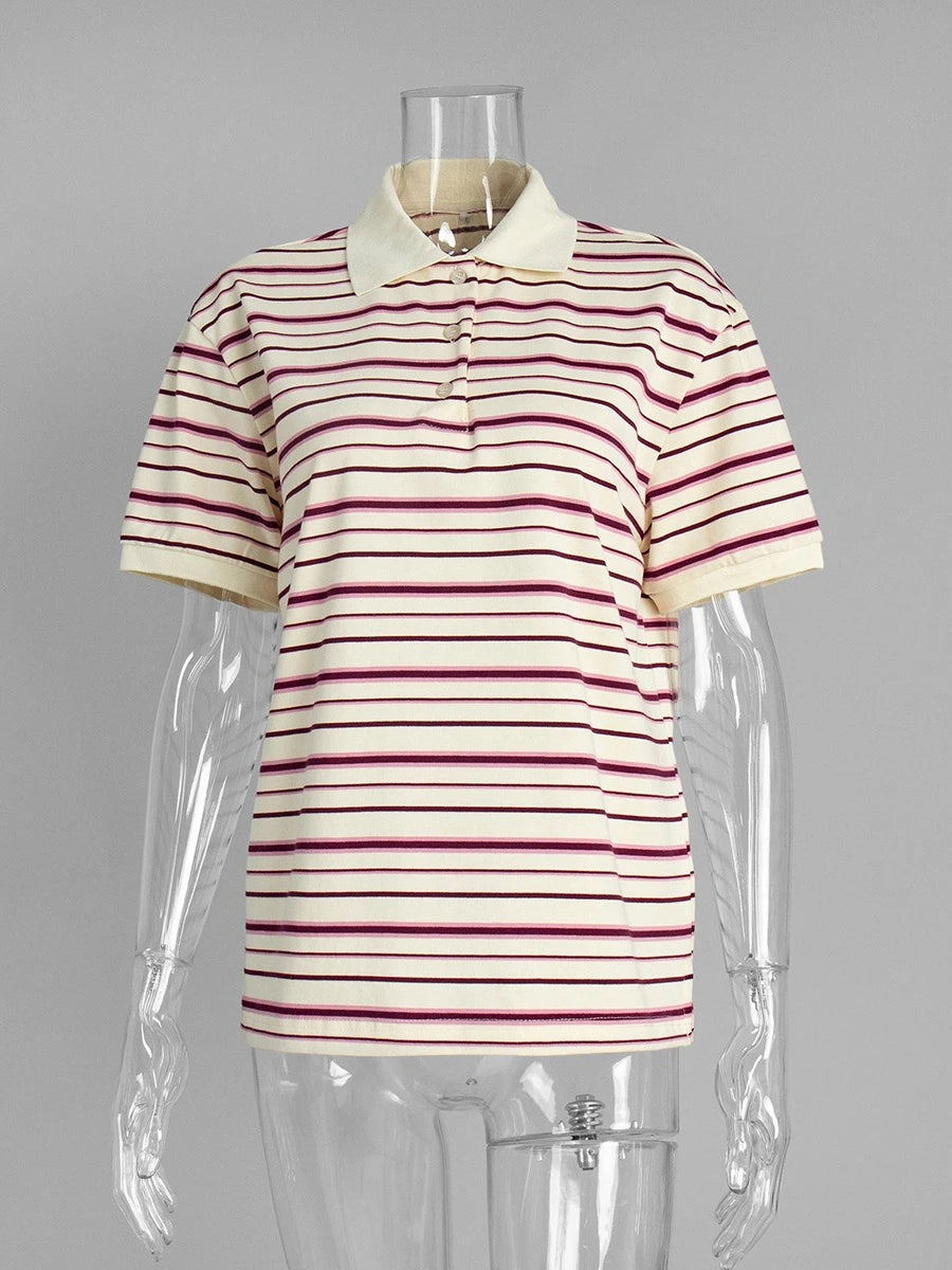 Women's Retro Striped Polo Shirt – Loose Fit Knitted Short Sleeve Casual Top for Summer Style