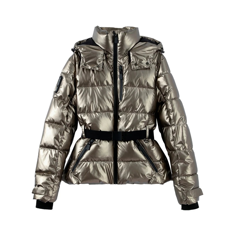 Fashion Cotton Belt Jacket Women Thicken Pleated Long Sleeve Stand Collar Zippers Female Outwear 2025 Winter Lady Ski Coats
