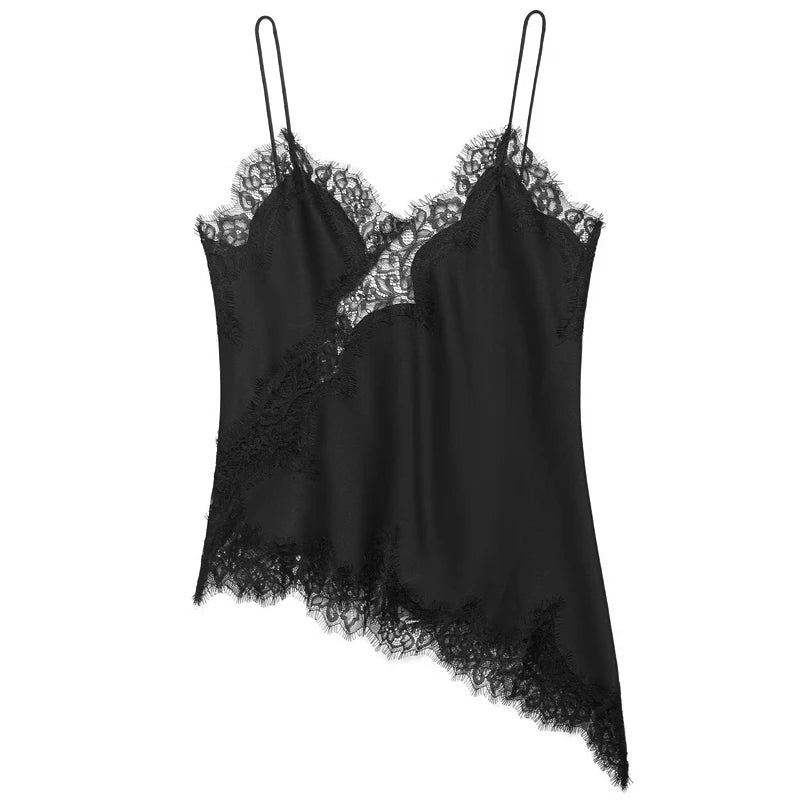 Women's Y2K Asymmetrical Camisole Top – Lace Trim Backless Sleeveless Slip Tank for Chic Summer Style