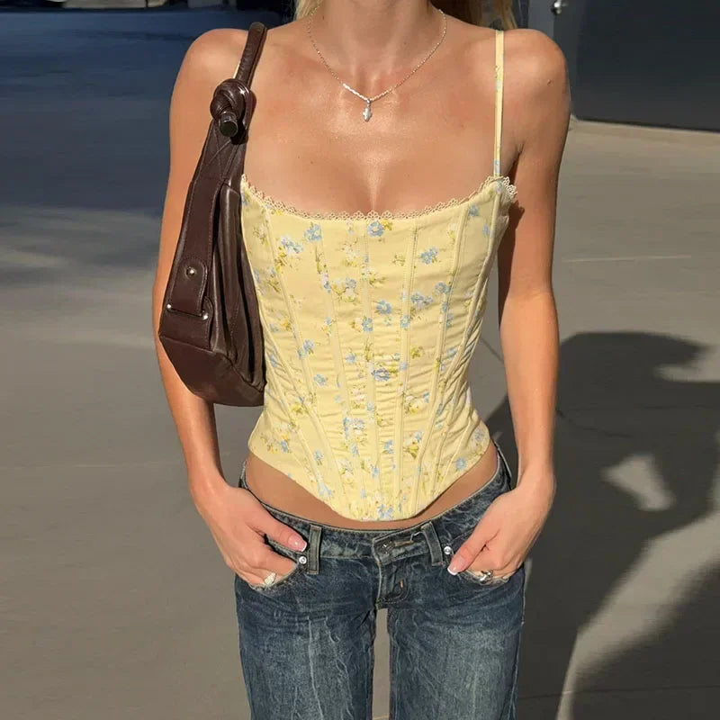 Women's Printed Corset Tank Top – Lace-Up Slim Fit Sleeveless Waist-Cinching Top for Summer Parties