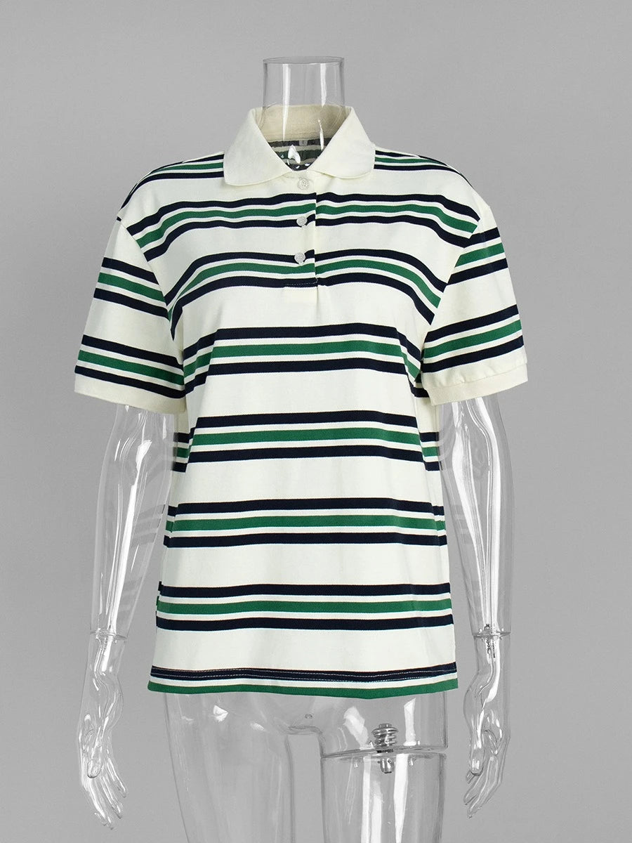 Women's Retro Striped Polo Shirt – Loose Fit Knitted Short Sleeve Casual Top for Summer Style