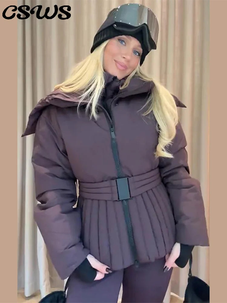Fashion Cotton Belt Jacket Women Thicken Pleated Long Sleeve Stand Collar Zippers Female Outwear 2025 Winter Lady Ski Coats