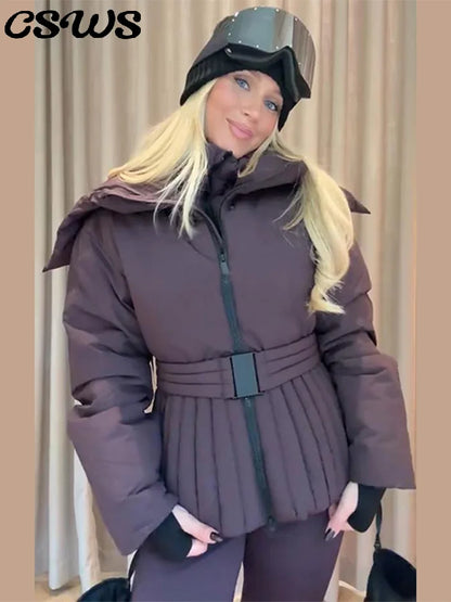 Fashion Cotton Belt Jacket Women Thicken Pleated Long Sleeve Stand Collar Zippers Female Outwear 2025 Winter Lady Ski Coats