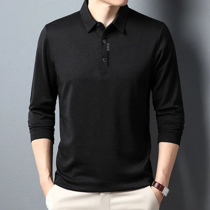 Men's Waffle Knit Long Sleeve Polo Shirt – Letter Print Casual Button-Up Top for Everyday Style