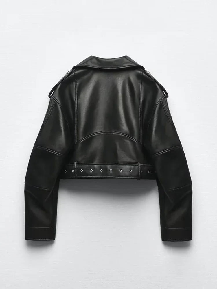 Women's Oversized Faux Leather Jacket – Vintage Belted Zipper Coat, Retro Moto Biker Style