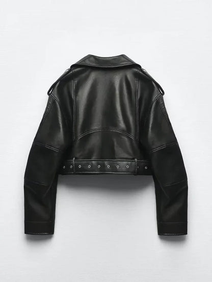 Women's Oversized Faux Leather Jacket – Vintage Belted Zipper Coat, Retro Moto Biker Style