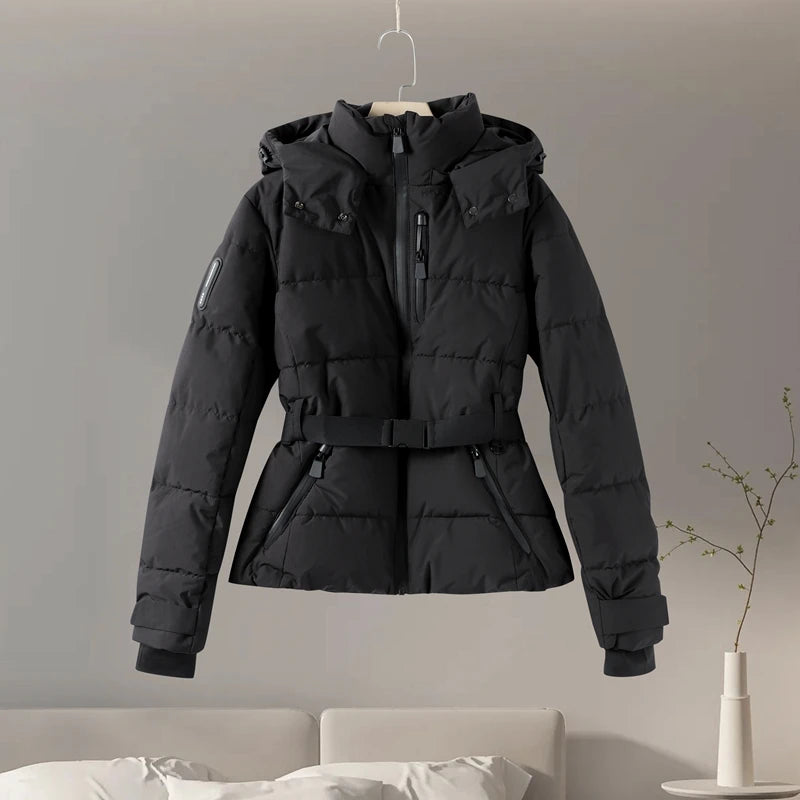 Fashion Cotton Belt Jacket Women Thicken Pleated Long Sleeve Stand Collar Zippers Female Outwear 2025 Winter Lady Ski Coats