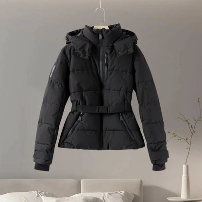 Fashion Cotton Belt Jacket Women Thicken Pleated Long Sleeve Stand Collar Zippers Female Outwear 2025 Winter Lady Ski Coats