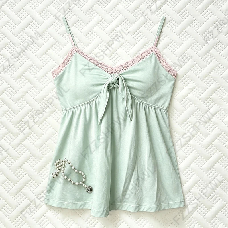 Women's Y2K Lace Camisole Top – Slim Fit Crop Tank with Sweet Kawaii Style for Summer Streetwear