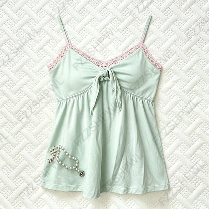 Women's Y2K Lace Camisole Top – Slim Fit Crop Tank with Sweet Kawaii Style for Summer Streetwear