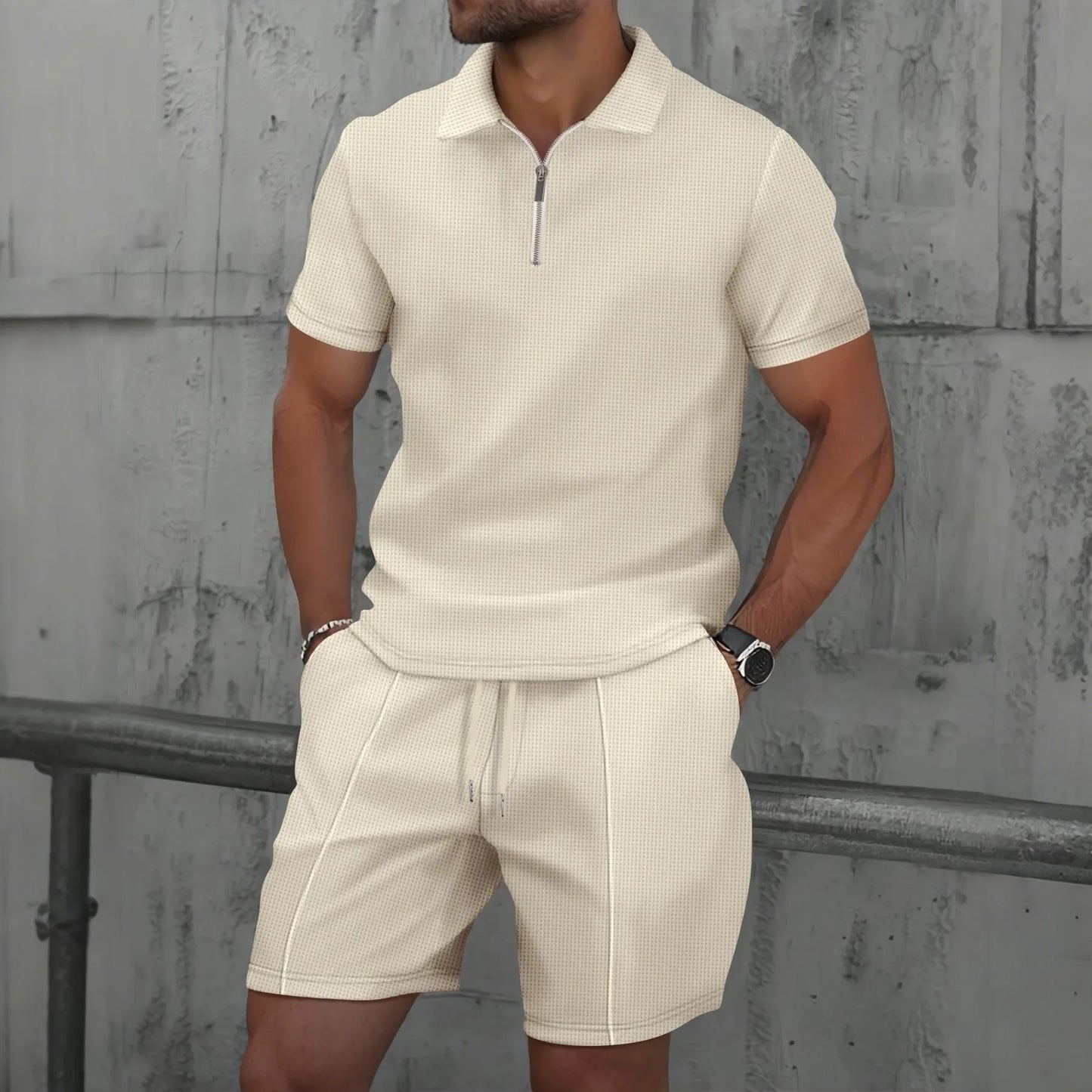 Summer Sport Polo Shirt & Shorts Matching Set for Men – Zipper Streetwear Tracksuit