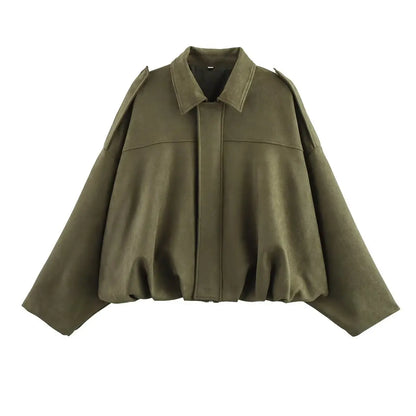 Women's Oversized Suede Bomber Coat – Chic Zipper Jacket, Spring Streetwear Fashion