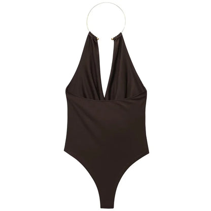 Women's Brown Halter Bodysuit – Sleeveless Open Back Thong Bodysuit for Summer Party & Rave Style
