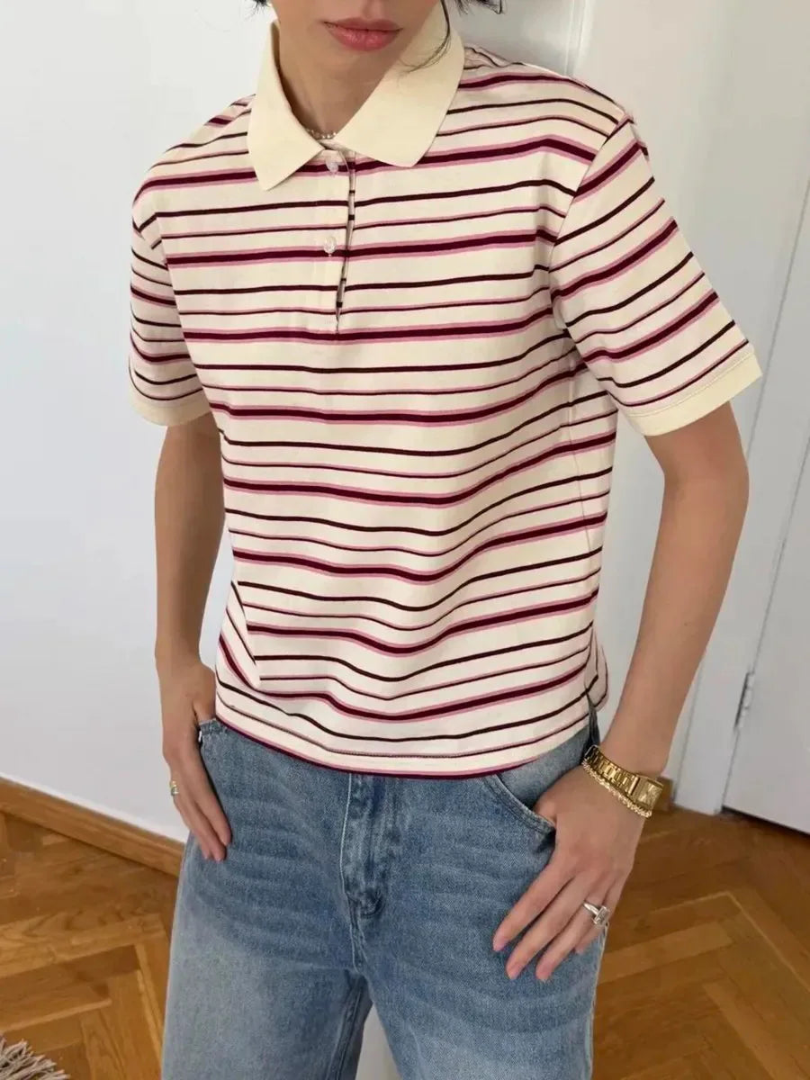 Women's Retro Striped Polo Shirt – Loose Fit Knitted Short Sleeve Casual Top for Summer Style