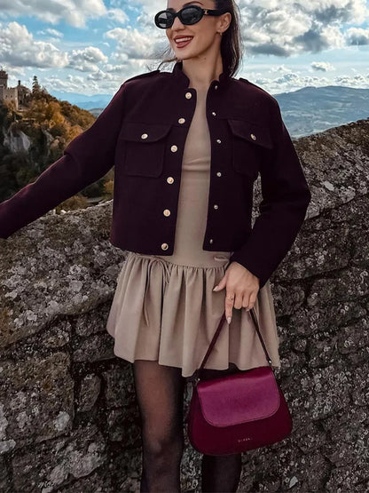 Women's Soft Tweed Bomber Jacket – Loose Fit Wool Blend Coat with Button Closure and Pockets