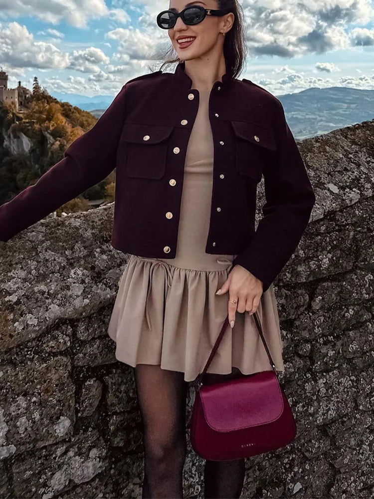 Women's Soft Tweed Bomber Jacket – Loose Fit Wool Blend Coat with Button Closure and Pockets