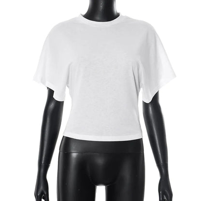 Women's New Arrival Solid Colour Pure Cotton Crew Neck Pullover Short-Sleeved Loose-Fit Waist-Defining Cropped Top with Exposed