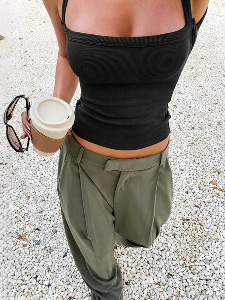 Women's Ribbed Cross Strap Tank Top – Low Neck Backless Crop Top for Trendy High Street Style