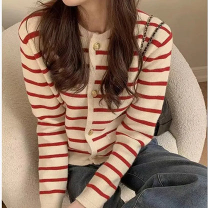 Women's Cropped Striped Cardigan – Casual Chic Knit Sweater with O-Neck & Long Sleeves
