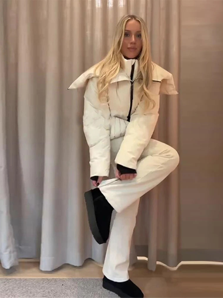 Fashion Cotton Belt Jacket Women Thicken Pleated Long Sleeve Stand Collar Zippers Female Outwear 2025 Winter Lady Ski Coats