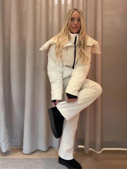 Fashion Cotton Belt Jacket Women Thicken Pleated Long Sleeve Stand Collar Zippers Female Outwear 2025 Winter Lady Ski Coats