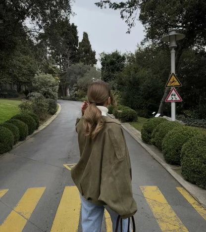 ETJ 2026 Spring New Women's Suede Texture Effect Loose Version of Fashion Lapel Shoulder Jacket