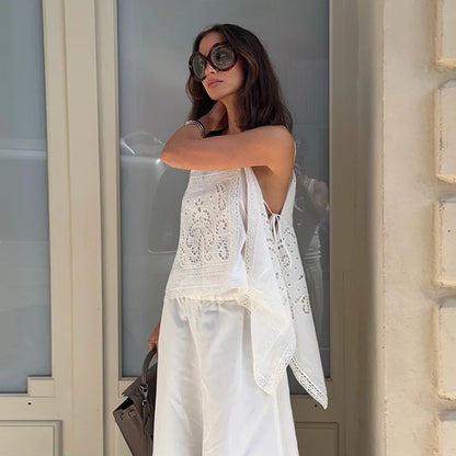 Women's White Lace-Up Hollow Out Top – Backless Sleeveless Vest with Irregular Hem for Summer Style