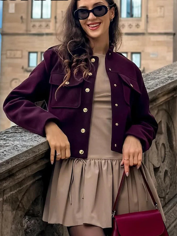 Women's Soft Tweed Bomber Jacket – Loose Fit Wool Blend Coat with Button Closure and Pockets