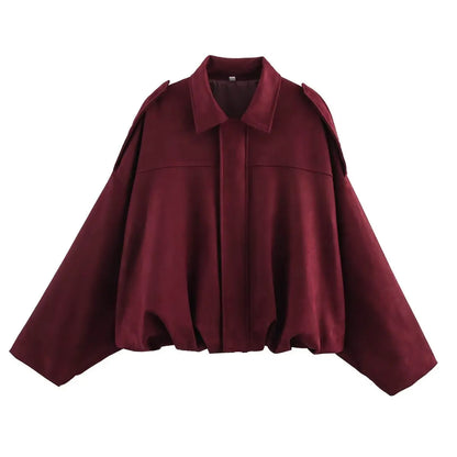 Women's Oversized Suede Bomber Coat – Chic Zipper Jacket, Spring Streetwear Fashion