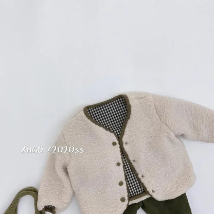 Girls' Reversible Plaid Plush Jacket – Warm Fleece Winter Coat for Kids, Cozy Two-Sided Wear Outerwear