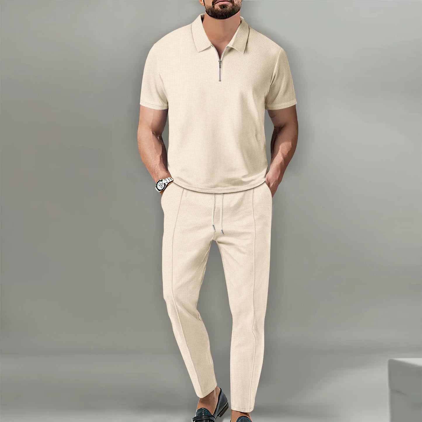 Summer Sport Polo Shirt & Shorts Matching Set for Men – Zipper Streetwear Tracksuit