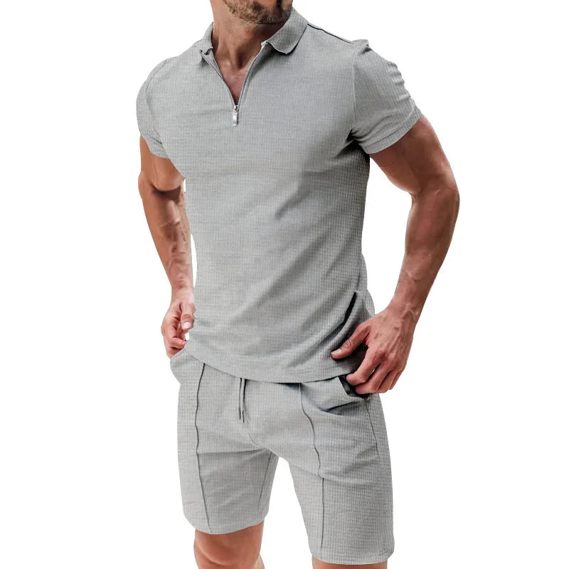 Summer Sport Polo Shirt & Shorts Matching Set for Men – Zipper Streetwear Tracksuit