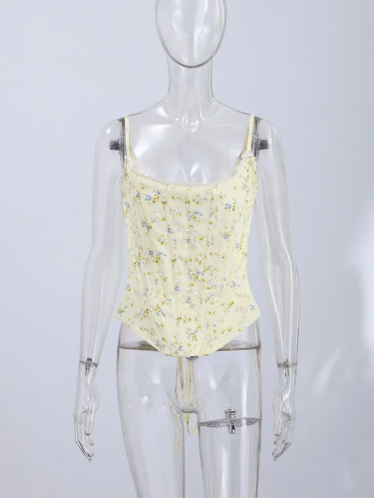 Women's Floral Corset Tank Top – Sleeveless Lace-Up Waist-Cinching Top for Summer Style