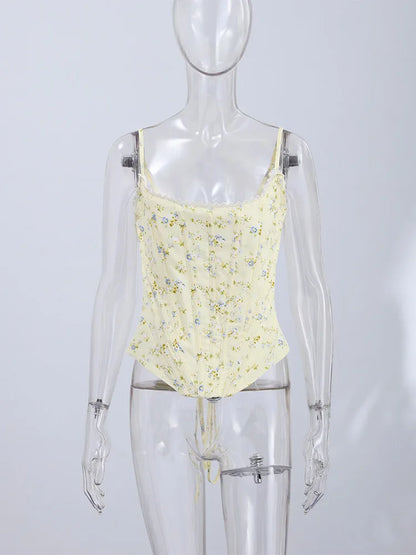 Women's Floral Corset Tank Top – Sleeveless Lace-Up Waist-Cinching Top for Summer Style