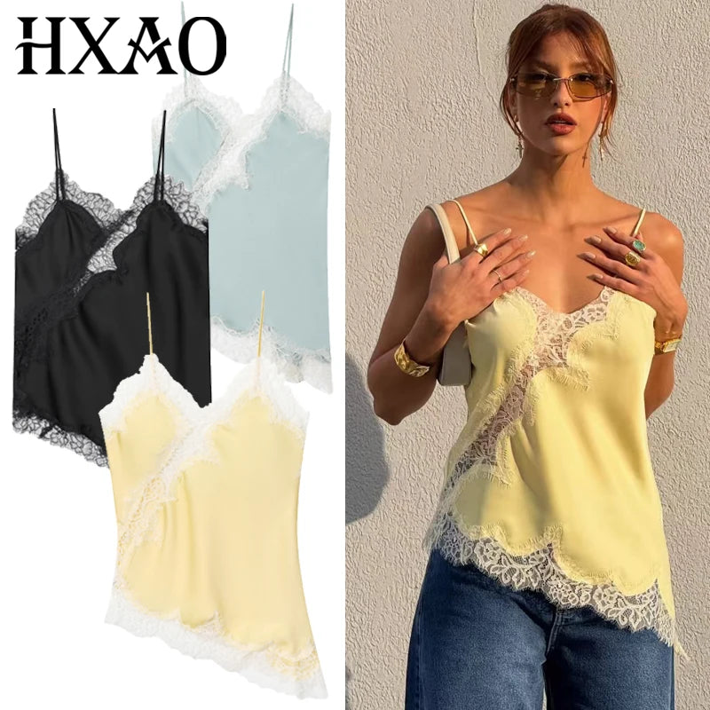 Women's Y2K Asymmetrical Camisole Top – Lace Trim Backless Sleeveless Slip Tank for Chic Summer Style