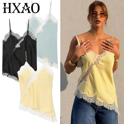 Women's Y2K Asymmetrical Camisole Top – Lace Trim Backless Sleeveless Slip Tank for Chic Summer Style
