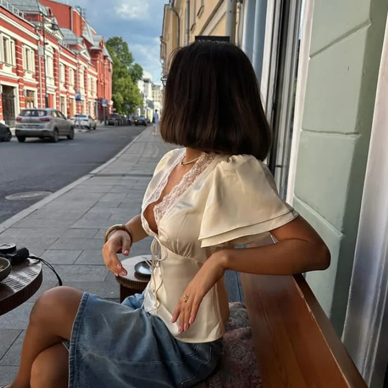Women's Satin Lace Top – V-Neck Short Sleeve Slim Fit Blouse for Elegant Summer Streetwear