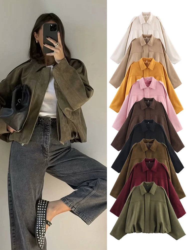 Women's Oversized Suede Bomber Coat – Chic Zipper Jacket, Spring Streetwear Fashion