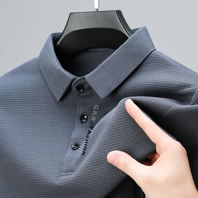 Men's Waffle Knit Long Sleeve Polo Shirt – Letter Print Casual Button-Up Top for Everyday Style