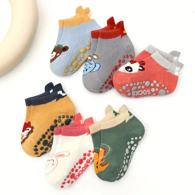 6 Pairs Kids Cotton Socks – Cute Cartoon Animal Pattern Non-Slip Baby Socks for Comfortable Everyday Wear