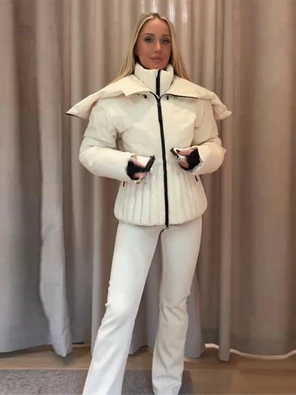 Fashion Cotton Belt Jacket Women Thicken Pleated Long Sleeve Stand Collar Zippers Female Outwear 2025 Winter Lady Ski Coats