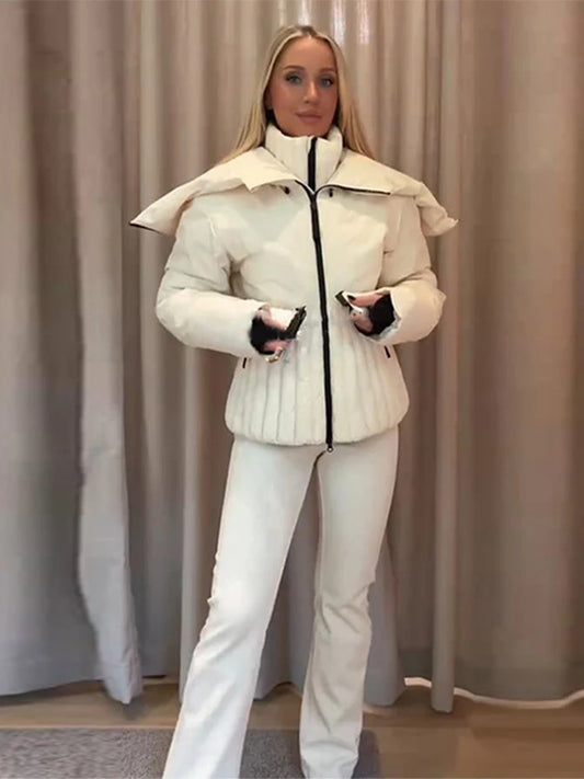Fashion Cotton Belt Jacket Women Thicken Pleated Long Sleeve Stand Collar Zippers Female Outwear 2025 Winter Lady Ski Coats