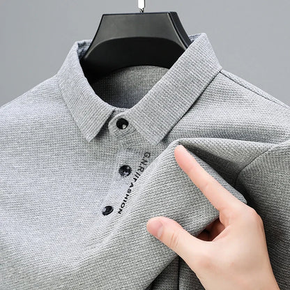 Men's Waffle Knit Long Sleeve Polo Shirt – Letter Print Casual Button-Up Top for Everyday Style