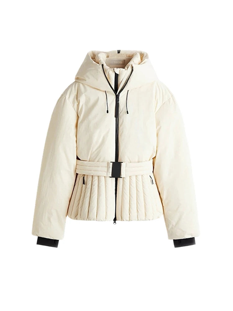 Fashion Cotton Belt Jacket Women Thicken Pleated Long Sleeve Stand Collar Zippers Female Outwear 2025 Winter Lady Ski Coats