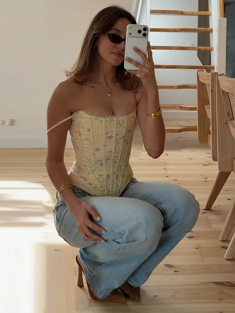 Women's Floral Corset Tank Top – Sleeveless Lace-Up Waist-Cinching Top for Summer Style