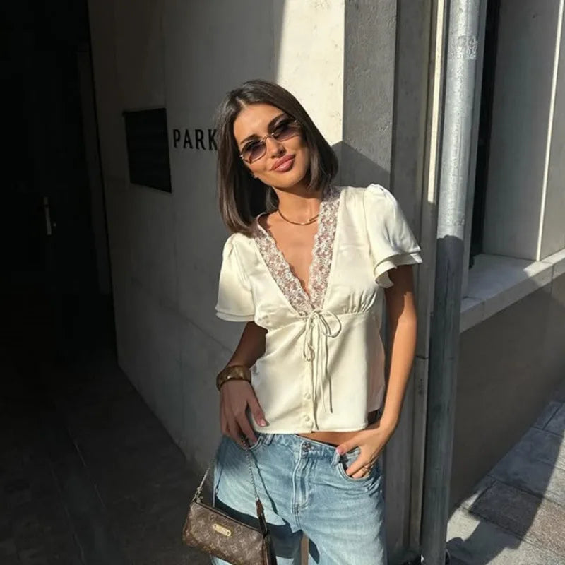 Women's Satin Lace Top – V-Neck Short Sleeve Slim Fit Blouse for Elegant Summer Streetwear