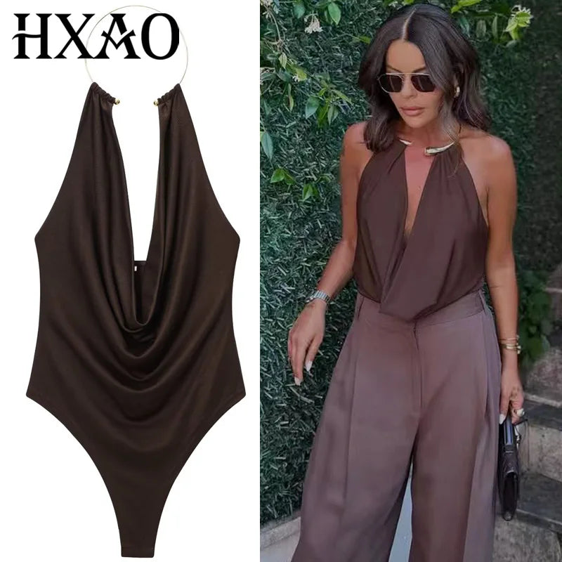 Women's Brown Halter Bodysuit – Sleeveless Open Back Thong Bodysuit for Summer Party & Rave Style