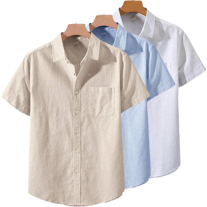 Men's Lightweight Casual Button-Up Shirt – Breathable Solid Color Short Sleeve Collared Shirt with Pocket